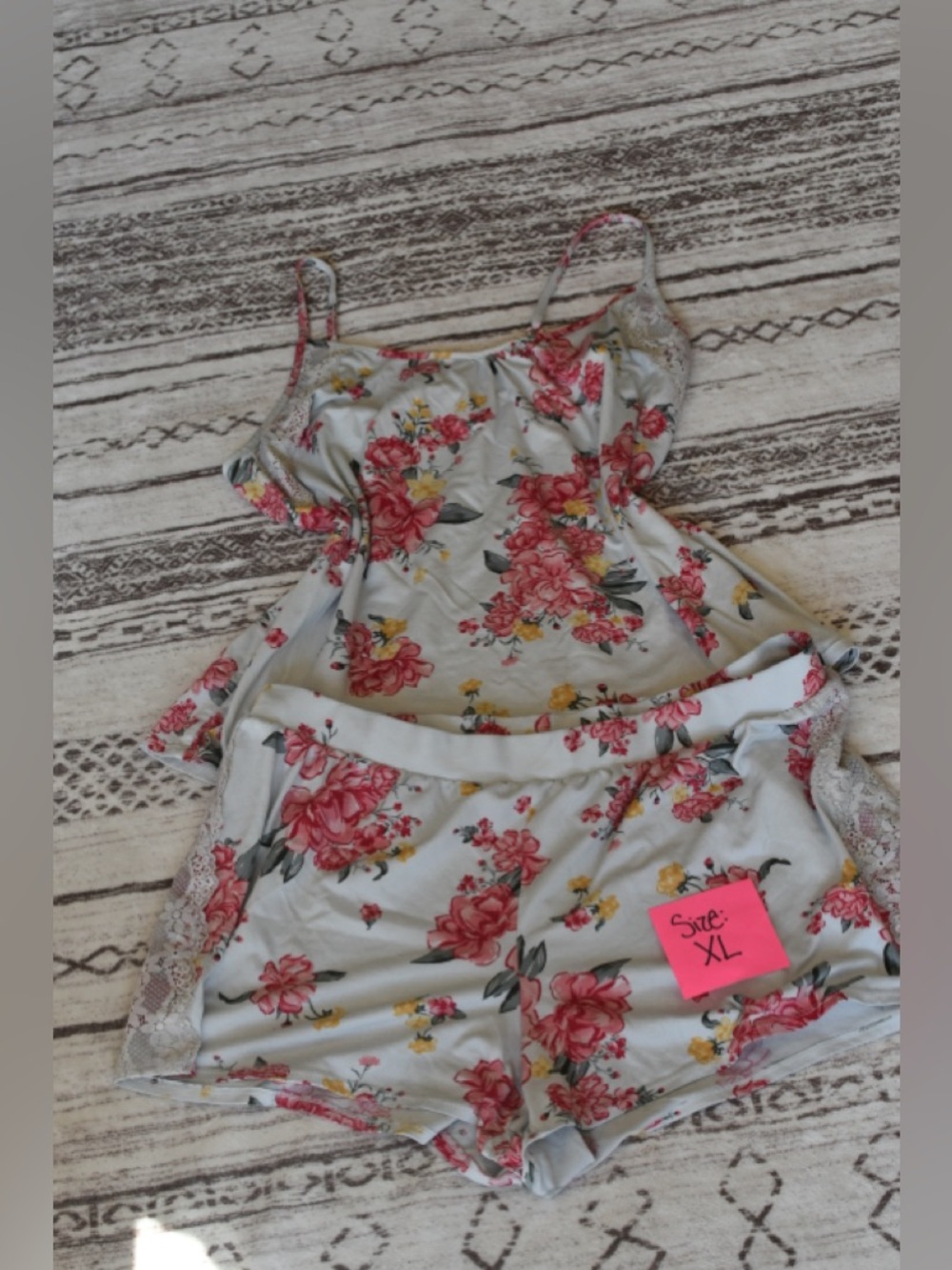 Floral Lace-Trim Satin Pajama Set - Pink Floral on Light Blue, XL